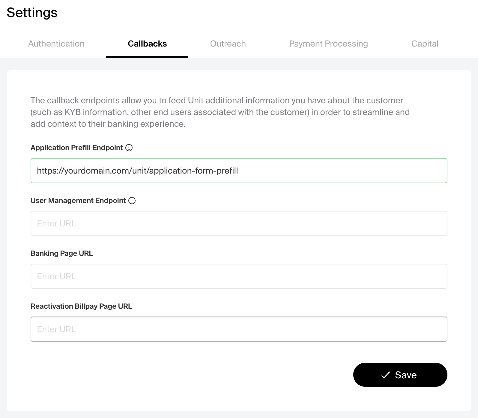 Unit Dashboard Settings — Callbacks tab, Application Prefill Endpoint