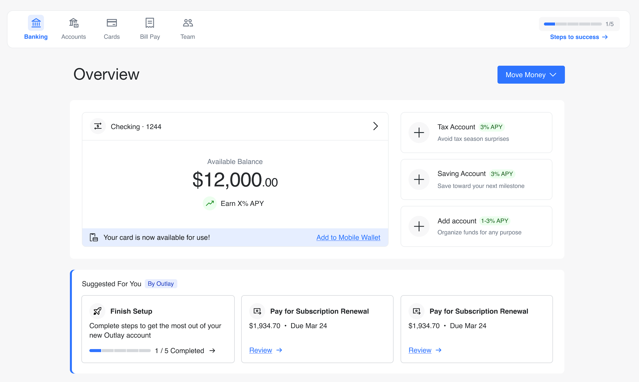 Overview page with suggested actions surfaced to the customer