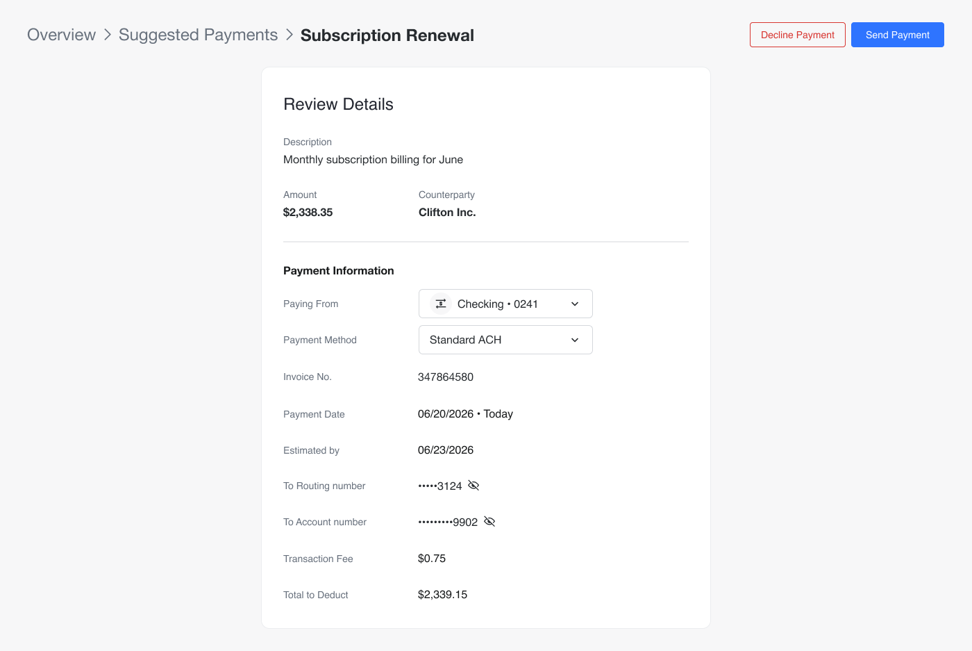 Suggested payment review screen, as customers see it in the Managed Solution component