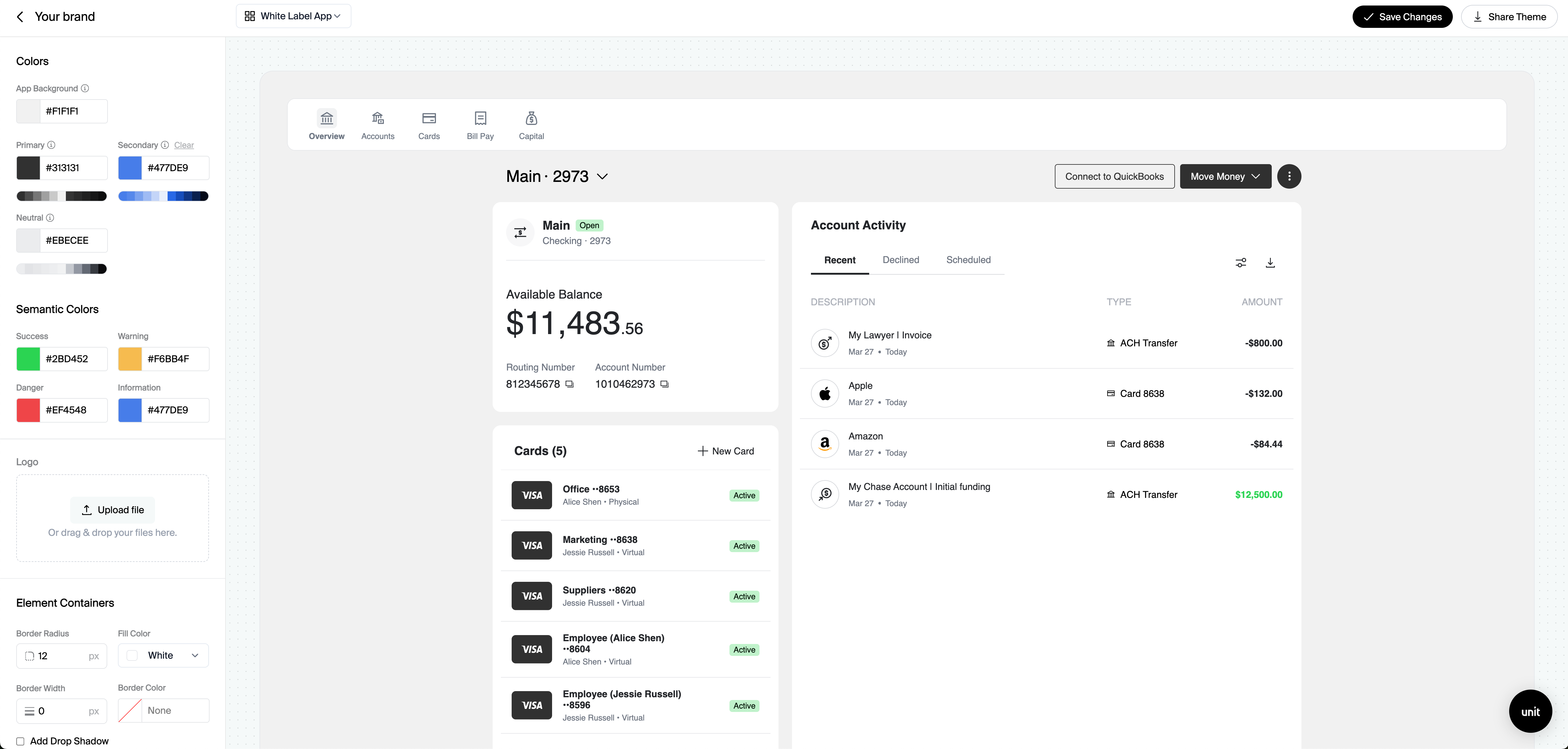 Unit Dashboard Ready-to-Launch branding: controls on the left and a live White-Label App preview
