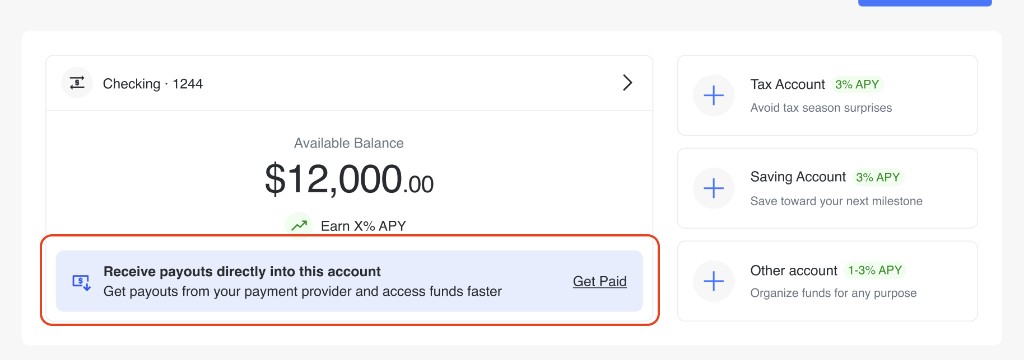 Get Paid banner on the account overview prompting the user to receive payouts into their Unit account