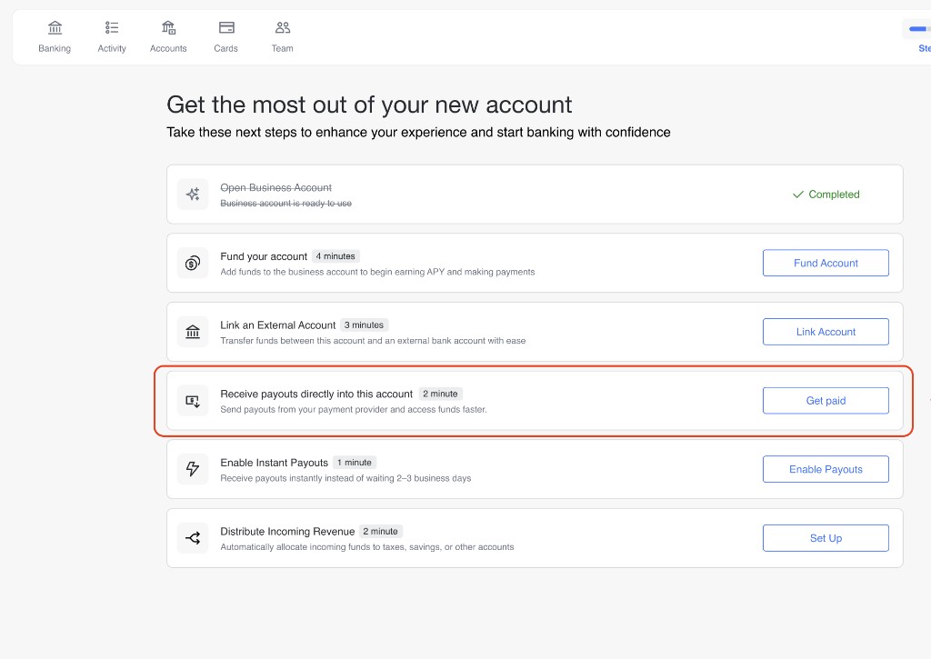 Get Paid checklist item under Get the most out of your new account
